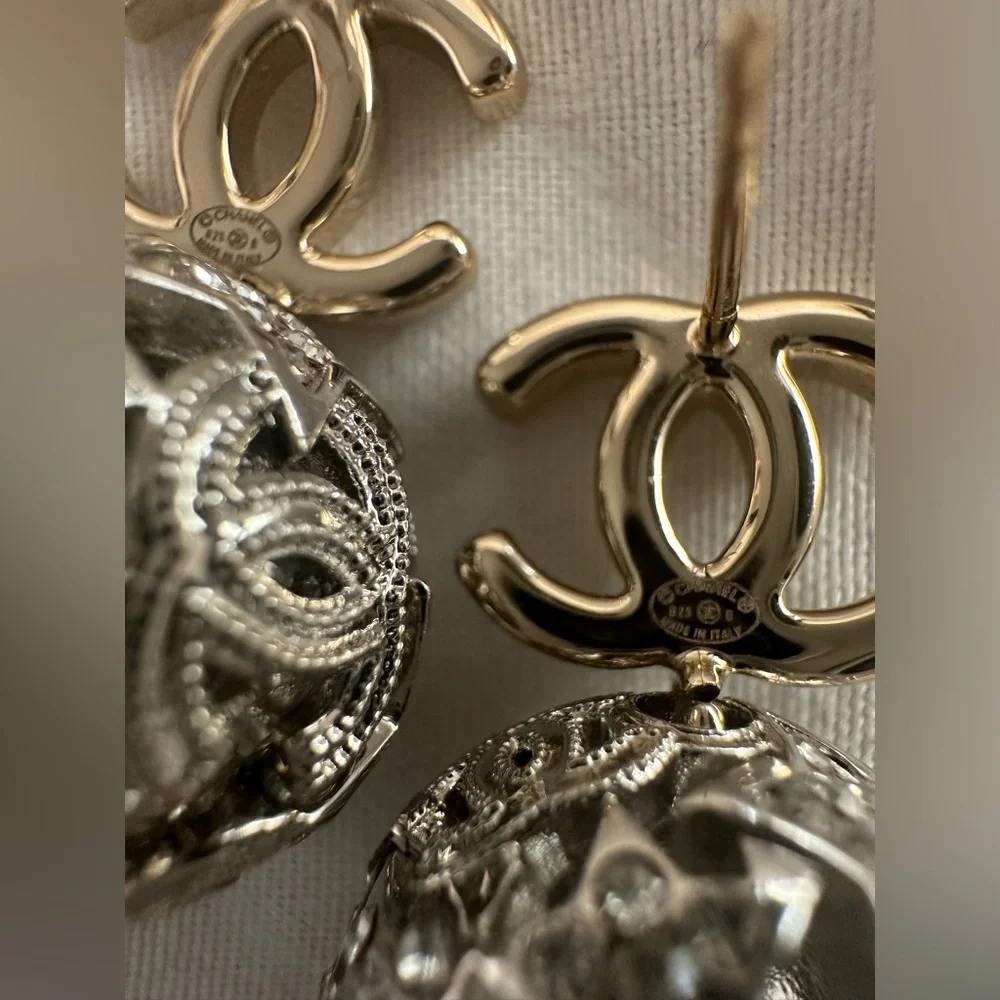 🌟 CHANEL CC Drop Earrings with Silver Crystal-Filled Spheres